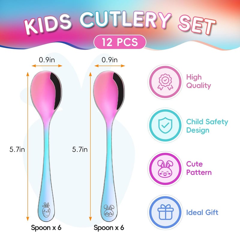 ITITT Stainless Steel Rainbow Toddler Spoons Set - 12 Pieces Food Grade Kids Spoons Set Safe Kids Silverware Children Small Spoon Metal Toddler Utensils Mirror Polished Sturdy and Durable Dishwasher Safe - Image 2